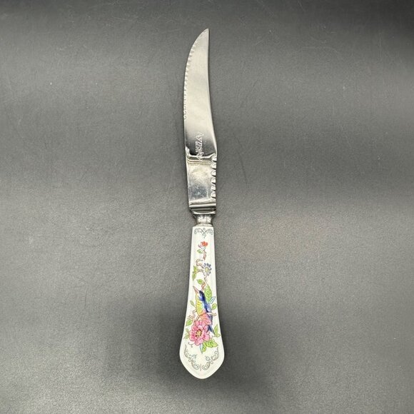 Vintage Aynsley Pembroke Fine Bone China Stainless Steel Steak Knives Bird Pink - Picture 3 of 11